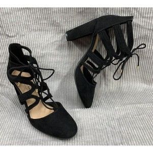 Christian Siriano Kameo Black Round Toe Ghillie Lace Up Block Heels Shoes 8 W